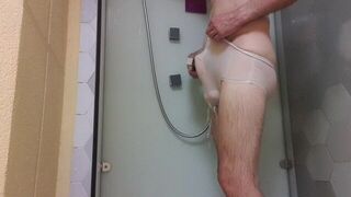 IN the shower in wet panties playing with a big dildo - porn video