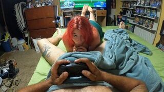 Stepmom interupts mariokart to win blowjob trophy earns facial - porn video